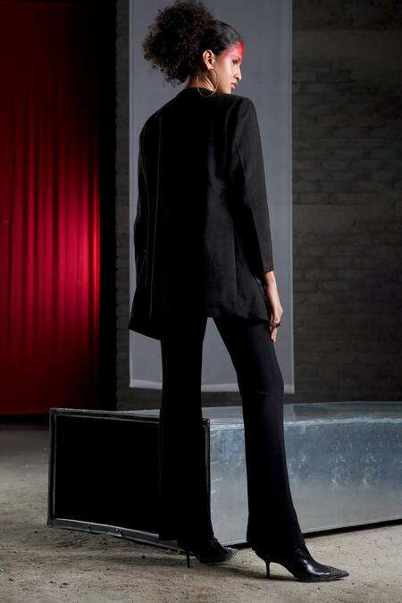 Shop Pocketful Of Cherrie Black Suede Embroidery Lapel Collar Coat at Aza Fashions Shop_Pocketful Of Cherrie_Black Suede Embroidery Lapel Collar Coat_at_Aza_Fashions