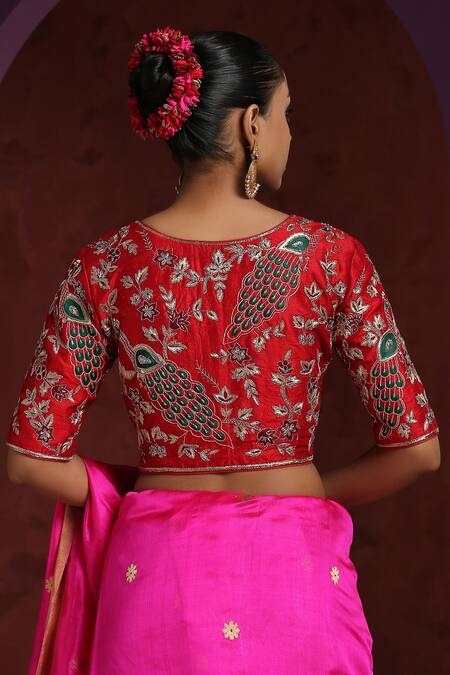 Shop_Weaver Story_Red Silk Embroidery Round Neck Peacock Raw Blouse _at_Aza_Fashions
