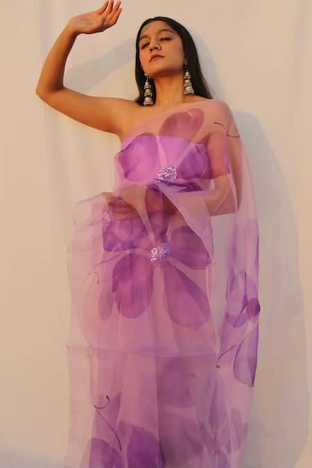 Shop_Meghstudio_Purple Organza, Modal Sequins Saree With Hibiscus Flowers _at_Aza_Fashions