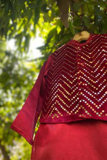 Shop Tiny Pants Maroon Velvet, Cotton, Satin Sequins Chevron Kurta Set at Aza Fashions Shop_Tiny Pants_Maroon Velvet, Cotton, Satin Sequins Chevron Kurta Set_at_Aza_Fashions