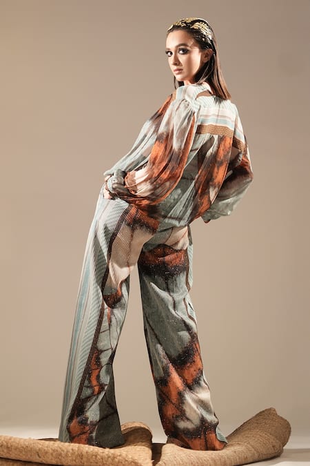 Shop_Nikita Mhaisalkar_Blue Georgette Sequins, Embroidery Butterfly Print And Broad Pant _at_Aza_Fashions