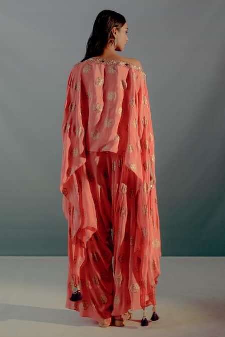 Aaryaa By Kashveen Kohli Foil Print Asymmetrical Top With Draped Pant 