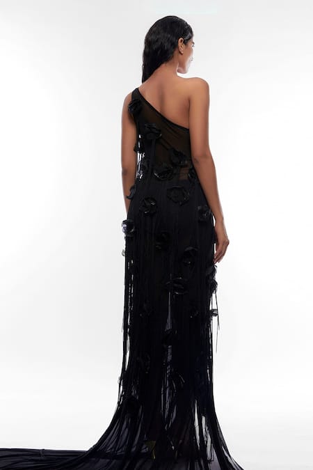 Shop Deme By Gabriella Black Net Embroidery One Shoulder 3d Floral Embellished Gown at Aza Fashions Shop_Deme By Gabriella_Black Net Embroidery One Shoulder 3d Floral Embellished Gown _at_Aza_Fashions