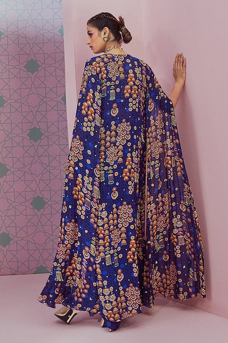 Shop_Krisha Sunny Ramani_Blue Crepe Sequins Sweetheart Neck Jhumka Print Slit Cape Dhoti Skirt Set _at_Aza_Fashions