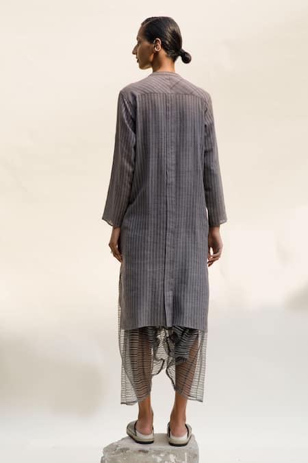 Shop Urvashi Kaur Grey Handloom Cotton Mandarin Collar Astro Stripe Pattern Tunic at Aza Fashions Shop_Urvashi Kaur_Grey Handloom Cotton Mandarin Collar Astro Stripe Pattern Tunic _at_Aza_Fashions