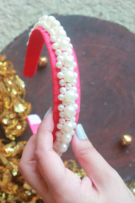 Shop Choko Red Queens Glory Statement Pearl Hair Band at Aza Fashions Shop_Choko_Red Queens Glory Statement Pearl Hair Band_at_Aza_Fashions