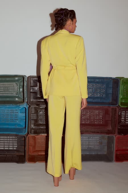 Shop_Nirmooha_Yellow Microfiber Collared Cording Detail Blazer _at_Aza_Fashions