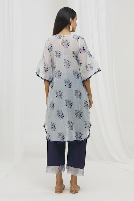 Shop Yuvraani Jaipur Blue Chanderi, Cotton Lace Round Neck Floral Print Kurta And Pant Set at Aza Fashions Shop_Yuvraani Jaipur_Blue Chanderi, Cotton Lace Round Neck Floral Print Kurta And Pant Set _at_Aza_Fashions