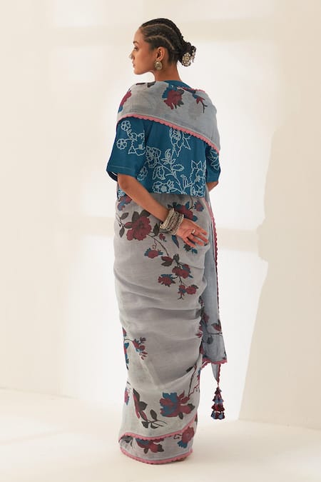 Shop_Kasturi Kundal_Blue Linen Round Neck Mahua Pure Handloom Saree With Unstitched Blouse _at_Aza_Fashions