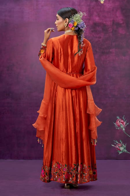 Shop Label Niti Bothra Orange Kora Silk Mughal Round Applique Anarkali With Dupatta at Aza Fashions Shop_Label Niti Bothra_Orange Kora Silk Mughal Round Applique Anarkali With Dupatta _at_Aza_Fashions