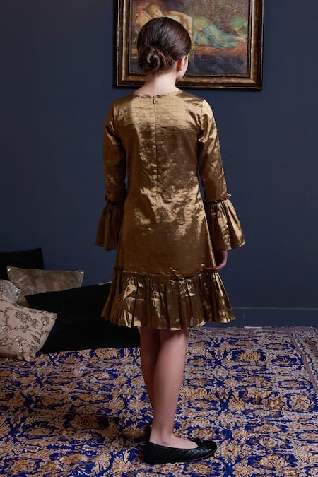 Shop Swati Golyan Gold Handloom Cotton, Lurex Embroidery, Sequins Rose Gathered Hem Dress at Aza Fashions Shop_Swati Golyan_Gold Handloom Cotton, Lurex Embroidery, Sequins Rose Gathered Hem Dress _at_Aza_Fashions