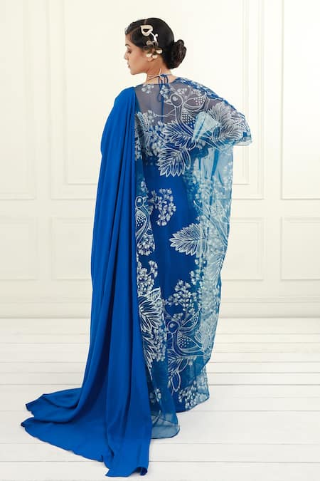 Shop_EK Soot_Blue Organza And Crepe Print & Embroidery Cape & Pre-draped Saree Set  _at_Aza_Fashions