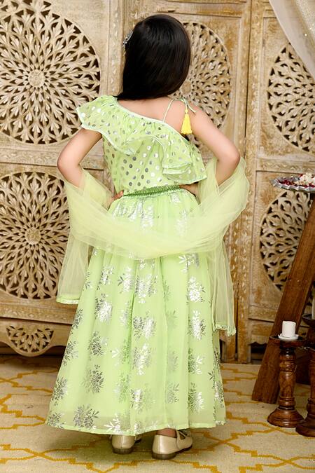 Shop_Saka Designs_Green Silk Blend Floral And Dot Pattern Blouse Lehenga Set _at_Aza_Fashions