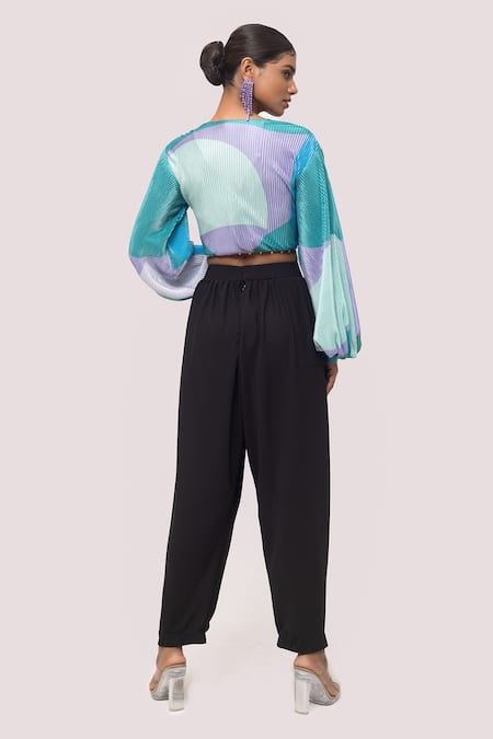 Shop Onaya Black Georgette Pearls Plunge Neck, Printed Pattern Tie Top And Pant Set at Aza Fashions Shop_Onaya_Black Georgette Pearls Plunge Neck, Printed Pattern Tie Top And Pant Set _at_Aza_Fashions
