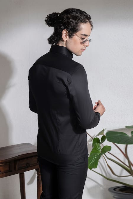 Shop Abkasa Black Cotton Embroidery Kai Slim Fit Pintuck Shirt at Aza Fashions Shop_Abkasa_Black Cotton Embroidery Kai Slim Fit Pintuck Shirt _at_Aza_Fashions