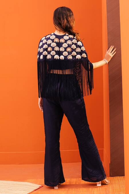 Shop_Kesar Studio_Blue Silk Tassels Round Neck Sunflower Cape Bell Bottom Pant Set_at_Aza_Fashions