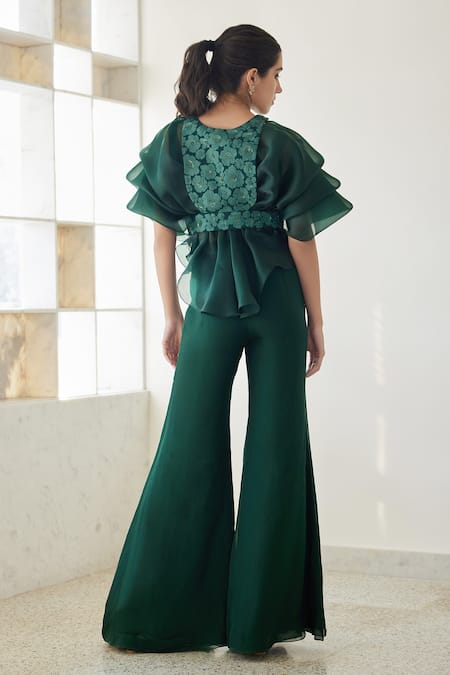 Shop_Mishru_Green Organza, Chanderi Silk Embroidery Round Neck Madison Pant Set With Bib _at_Aza_Fashions