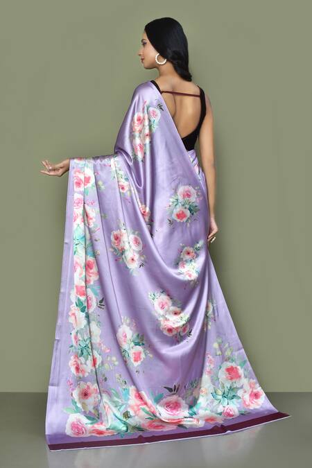 Shop Samyukta Singhania Purple Satin, Crepe Bouquet Print Saree With Running Blouse at Aza Fashions Shop_Samyukta Singhania_Purple Satin, Crepe Bouquet Print Saree With Running Blouse_at_Aza_Fashions