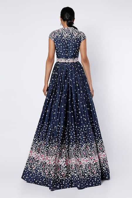Shop_Label Priyanka Kar_Blue Cotton Satin Printed Floral Patterns High Neck Gown _at_Aza_Fashions