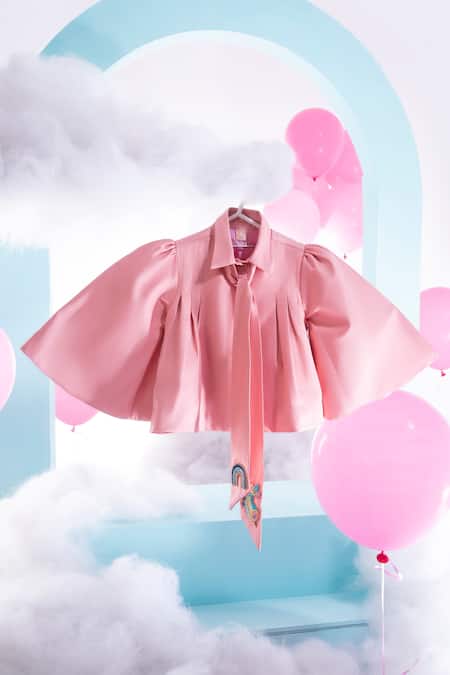 Shop_Little Luxury_Pink Cotton Satin Embroidery Bird And Rainbow Box Pleated Cape Jacket  _at_Aza_Fashions