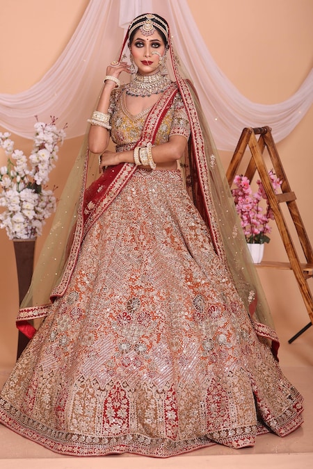 Silk Organza with zardozi embroidery Coral Red Wedding Lehenga – Panache  Haute Couture