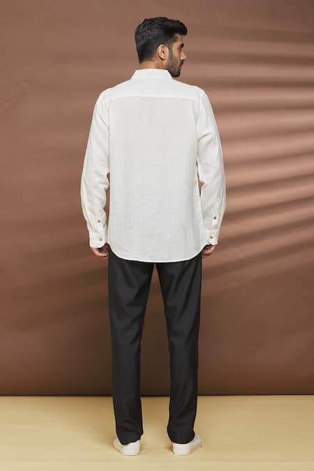 Shop Linen Bloom White 100% Linen Thread Work Cat Motif Embroidered Shirt at Aza Fashions Shop_Linen Bloom_White 100% Linen Thread Work Cat Motif Embroidered Shirt _at_Aza_Fashions