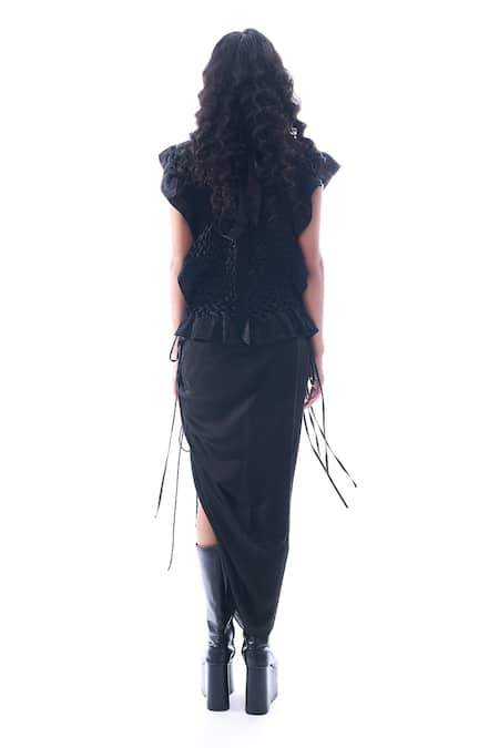 Shop Aroka Black Modal, Satin Cirrus Drawstring Detailed Skirt at Aza Fashions Shop_Aroka_Black Modal, Satin Cirrus Drawstring Detailed Skirt _at_Aza_Fashions
