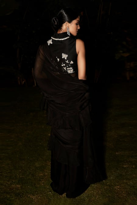 Shop_Matsya_Black Georgette, Organza Embroidery V-neck The Humble Athena Saree With Blouse _at_Aza_Fashions