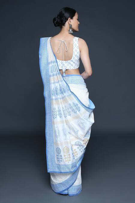 Shop Sanjev Marwaaha Ivory Chanderi Printed Geometric U Neck Conventional Block Saree With Blouse at Aza Fashions Shop_Sanjev Marwaaha_Ivory Chanderi Printed Geometric U Neck Conventional Block Saree With Blouse_at_Aza_Fashions