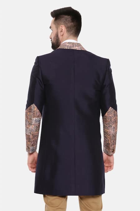 Shop_Mayank Modi - Men_Blue Silk, Linen, Bamboo Embroidery Placement Print Trench Jacket _at_Aza_Fashions