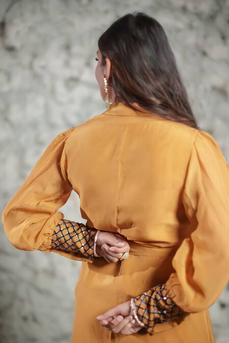 Shop Negra Elegante Green Organza, Chanderi Sequin V Neck Puff Sleeve Jacket And Pant Set at Aza Fashions Shop_Negra Elegante_Green Organza, Chanderi Sequin V Neck Puff Sleeve Jacket And Pant Set_at_Aza_Fashions