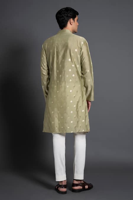 Shop_Raghavendra Rathore Jodhpur_Green Chanderi Silk Embroidery Floral Woven And Pintuck Kurta _at_Aza_Fashions
