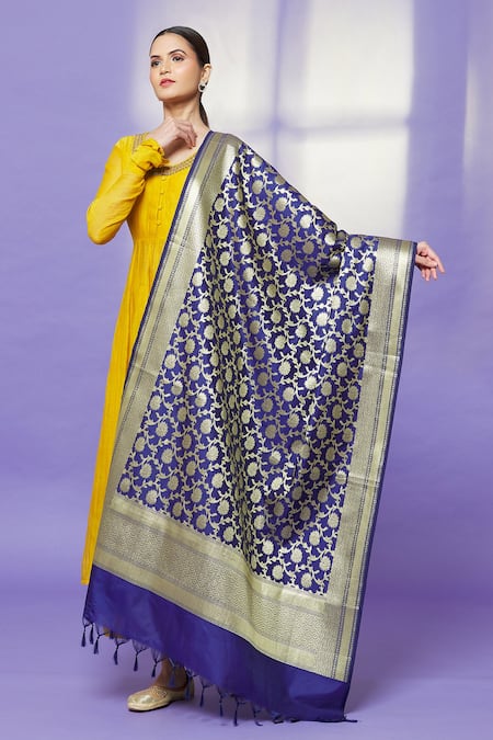 Shop Naintara Bajaj Blue Brocade Zari, Fringe Banarasi Art Silk Floral Dupatta at Aza Fashions Shop_Naintara Bajaj_Blue Brocade Zari, Fringe Banarasi Art Silk Floral Dupatta _at_Aza_Fashions