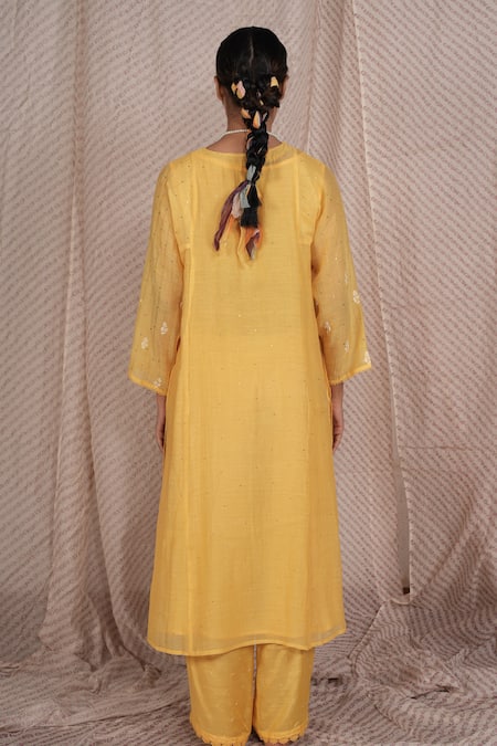 Pants And Pajamas Water Color Yellow Chikankari Kurta Pant & Dupatta - Set of 3 