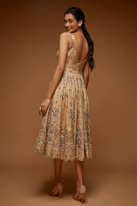 Shop_Neeta Lulla_Beige Embroidery Zari Sweetheart Neck Cara Fit And Flare Strappy Dress_at_Aza_Fashions