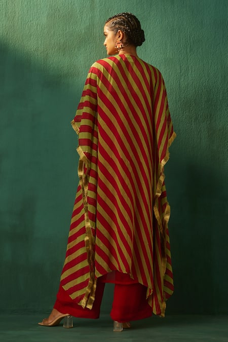 Shop Aapro Red Georgette And Organza Hand Block Print & Stripe Kaftan Jacket & Pant Set at Aza Fashions Shop_Aapro_Red Georgette And Organza Hand Block Print & Stripe Kaftan Jacket & Pant Set _at_Aza_Fashions