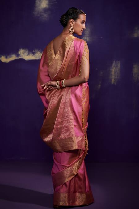 Shop Dressfolk Pink Pure 100% Handloom Silk, Satin Metallic Border Saree With Running Blouse at Aza Fashions Shop_Dressfolk_Pink Pure 100% Handloom Silk, Satin Metallic Border Saree With Running Blouse_at_Aza_Fashions