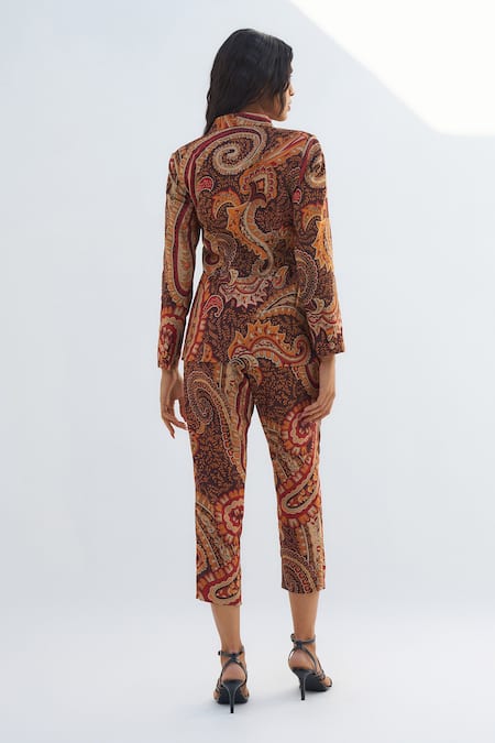 Shop_Nadima Saqib_Brown Silk Paisley And Mandala Print Blazer With Pant _at_Aza_Fashions