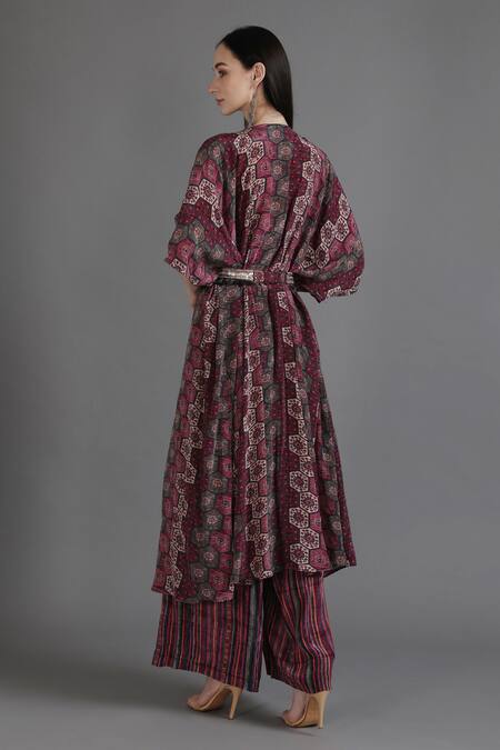 Shop Preeti S Kapoor Wine Crepe Tassels V-neck Shifa Front Slit Honeycomb Print Kurta With Pant at Aza Fashions Shop_Preeti S Kapoor_Wine Crepe Tassels V-neck Shifa Front Slit Honeycomb Print Kurta With Pant_at_Aza_Fashions