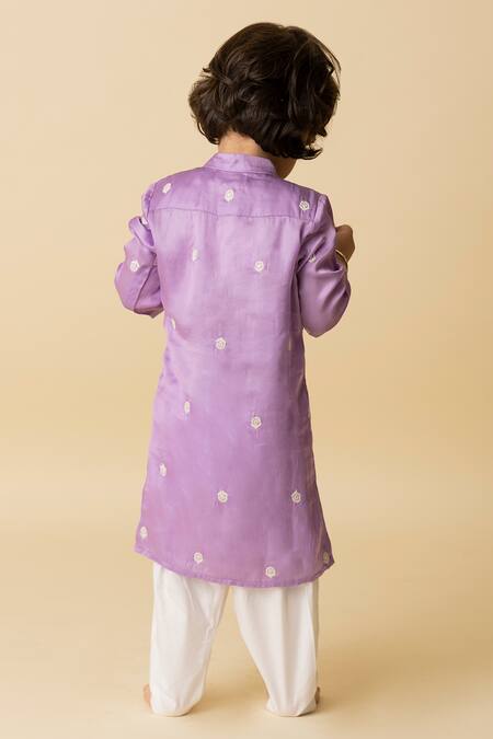 Shop Mini Trails Purple Silk, Cotton Embroidery Band Collar Pathani Kurta And Pant Set at Aza Fashions Shop_Mini Trails_Purple Silk, Cotton Embroidery Band Collar Pathani Kurta And Pant Set_at_Aza_Fashions