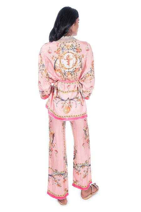Shop Monisha Jaising Pink Fuji Silk Printed And Embroidered Ornamental V Wrap Kurta & Pant Set at Aza Fashions Shop_Monisha Jaising_Pink Fuji Silk Printed And Embroidered Ornamental V Wrap Kurta & Pant Set_at_Aza_Fashions