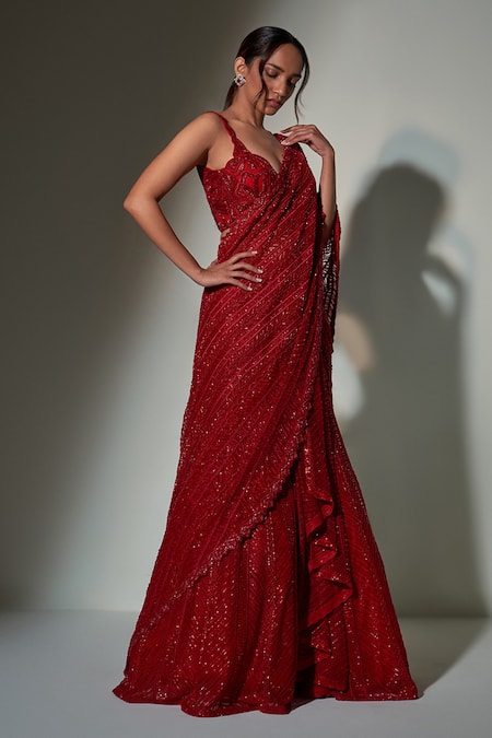 Shop Ritika Mirchandani Red Net, Crepe And Double Georgette Embroidered Lehenga Saree With Strappy Bustier at Aza Fashions Shop_Ritika Mirchandani_Red Net, Crepe And Double Georgette Embroidered Lehenga Saree With Strappy Bustier _at_Aza_Fashions