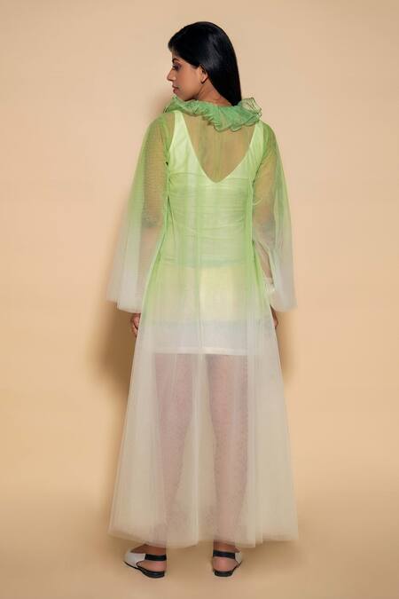 Shop_Ranng Label_Ivory Net V-neck Sheer A-line Dress _at_Aza_Fashions