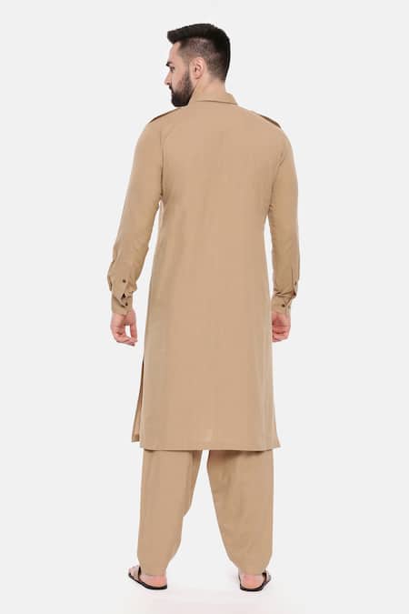 Shop Mayank Modi - Men Brown Cotton Embroidery Malai Pathani Set at Aza Fashions Shop_Mayank Modi - Men_Brown Cotton Embroidery Malai Pathani Set _at_Aza_Fashions