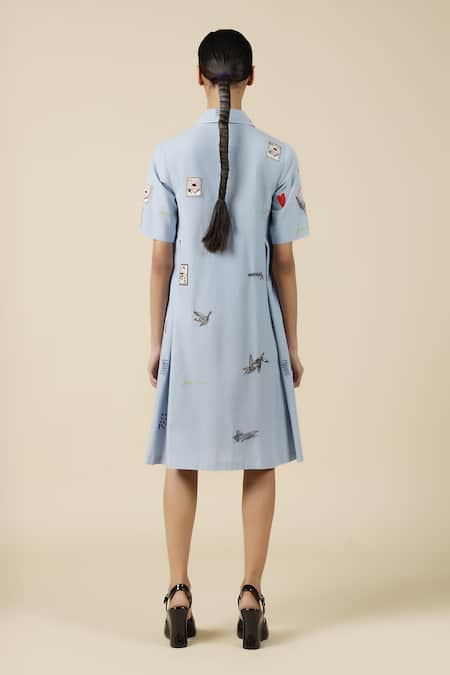 Shop Shahin Mannan Blue Cotton Embroidery Collared Funky Pattern Panelled Dress at Aza Fashions Shop_Shahin Mannan_Blue Cotton Embroidery Collared Funky Pattern Panelled Dress _at_Aza_Fashions