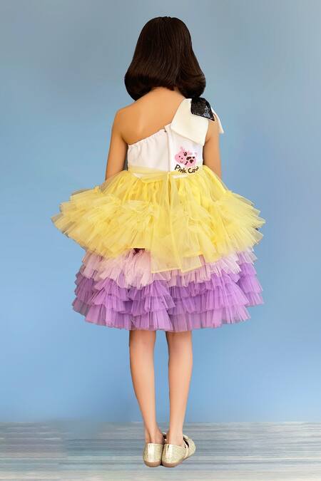 Shop Pinkcow designs pvt ltd Multi Color Neoprene, Tulle Sequins Ruffled One-shoulder Dress at Aza Fashions Shop_Pinkcow designs pvt ltd_Multi Color Neoprene, Tulle Sequins Ruffled One-shoulder Dress _at_Aza_Fashions
