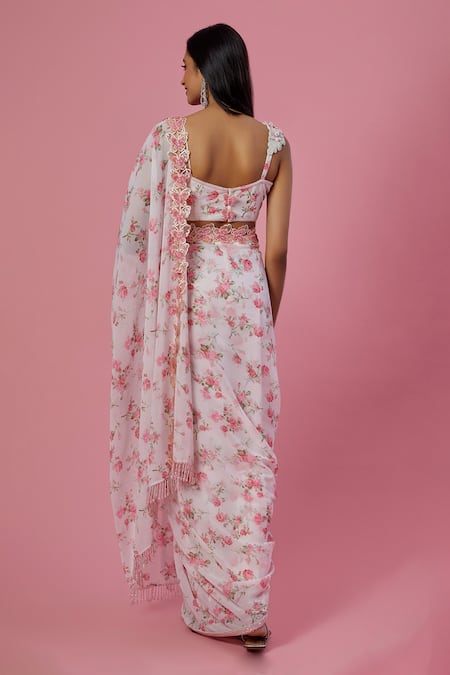 Shop Label Priyanka Kar White Viscose, Georgette Beads, Embroidery Square Floral Print Saree With Blouse at Aza Fashions Shop_Label Priyanka Kar_White Viscose, Georgette Beads, Embroidery Square Floral Print Saree With Blouse _at_Aza_Fashions