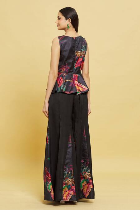 Shop Sanjana Reddy Designs Multi Color Printed Forest Patterns Round Peplum Top And Flared Pant Set at Aza Fashions Shop_Sanjana Reddy Designs_Multi Color Printed Forest Patterns Round Peplum Top And Flared Pant Set_at_Aza_Fashions