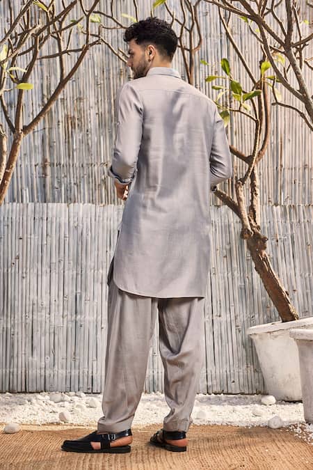 Shop_Charkhee_Gray Chanderi, Cotton Satin Embroidery, Beads Steel Grey Bundi Jacket Set _at_Aza_Fashions