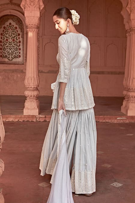 Shop_Preevin_Blue Cotton, Tulle, Net Lace, Sequins, Leaf Pattern Peplum Angrakha Set _at_Aza_Fashions